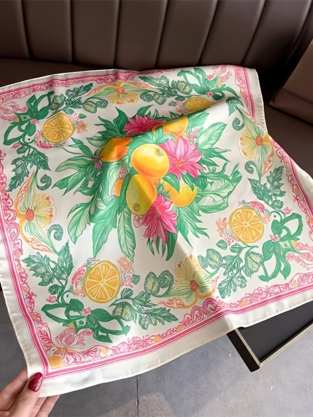 Silk-Feel Lemon Garden Floral Scarf - Pink & Green